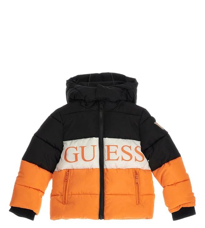 guess kids black & orange logo regular fit puffer jacket