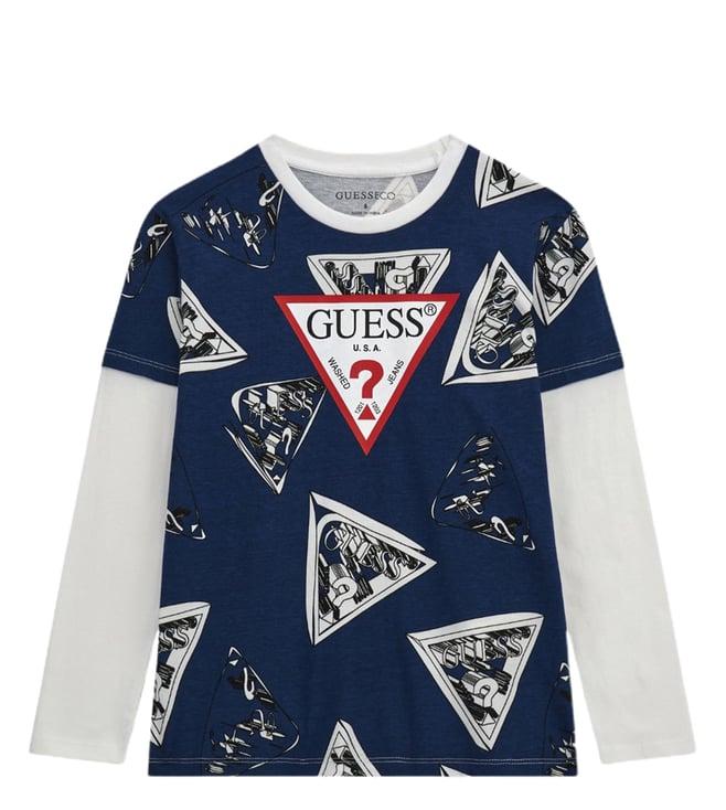 guess kids blue & white logo regular fit t-shirt