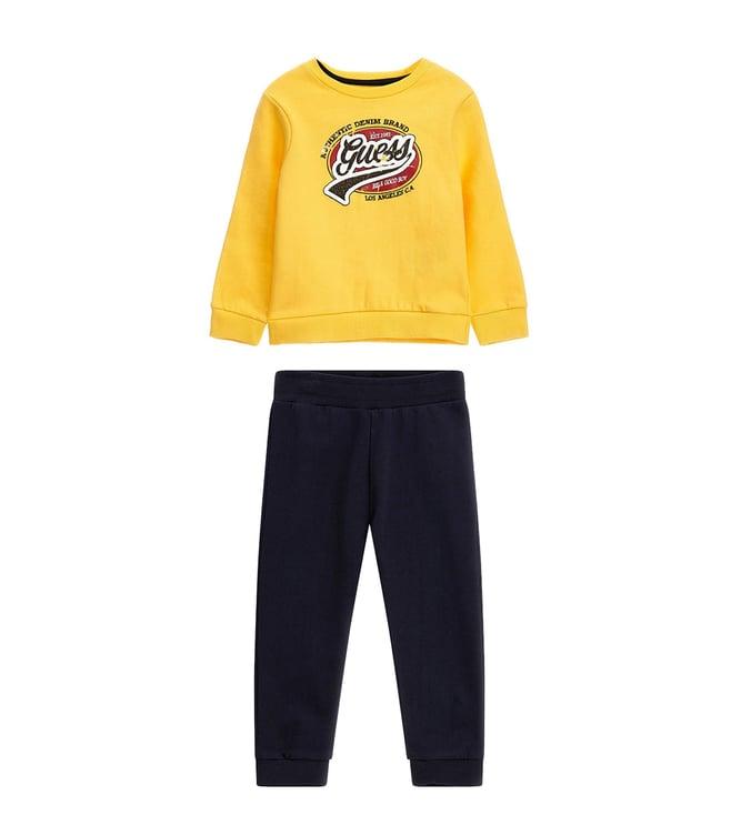 guess kids yellow & navy logo regular fit sweatshirt & joggers set