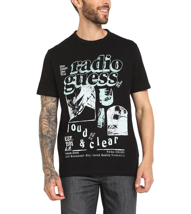 guess men's black cotton graphic regular fit half sleeves t-shirt