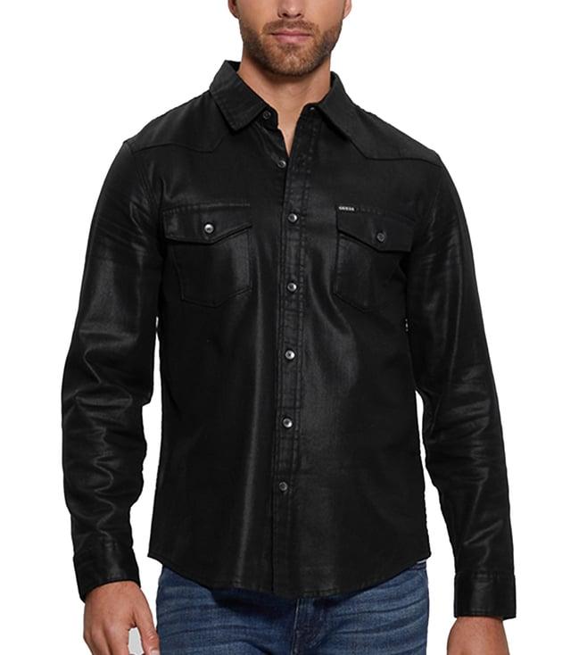 guess men's black cotton printed regular fit shirt