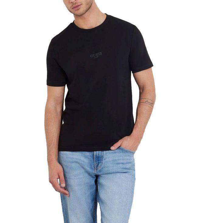 guess men's black cotton solid regular fit round neck short sleeve t-shirt