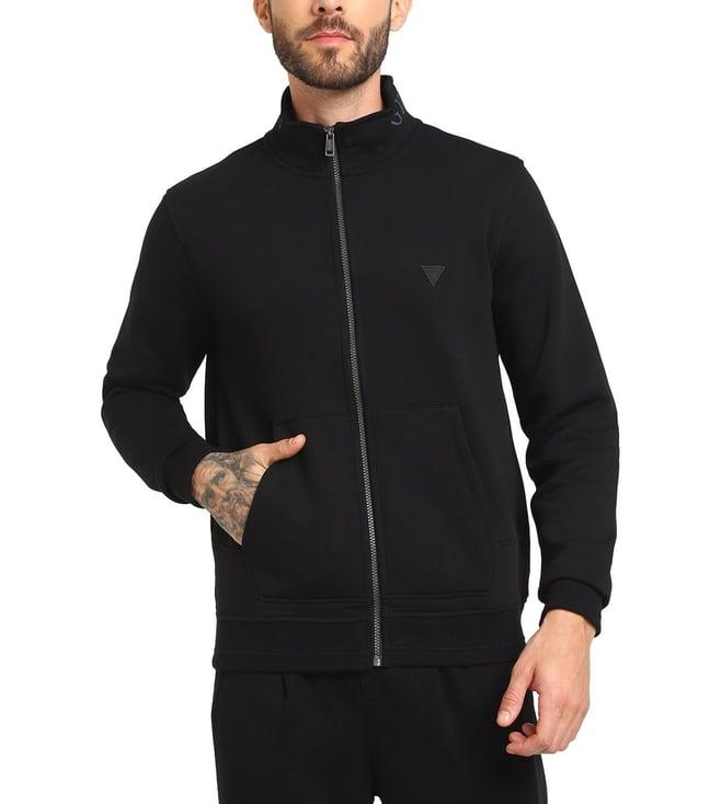 guess men's black polycotton solid regular fit high neck full sleeve jacket