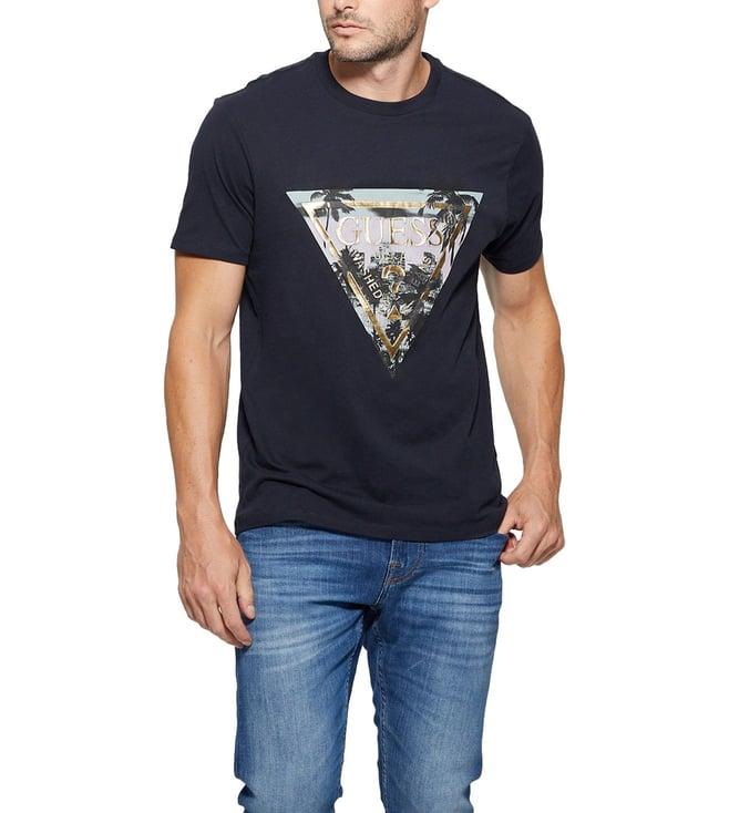 guess men's blue cotton graphic slim fit half sleeves t-shirt