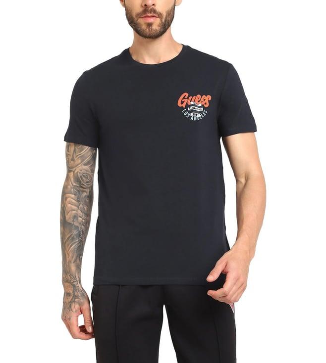 guess men's blue cotton logo slim fit half sleeves t-shirt