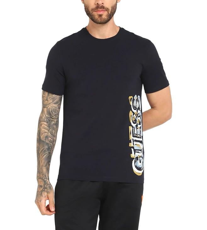 guess men's blue cotton logo slim fit half sleeves t-shirt