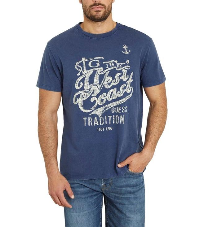 guess men's blue cotton printed regular fit crew neck short sleeve t-shirt