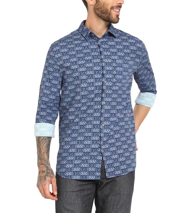 guess men's blue cotton printed regular fit full sleeves shirt