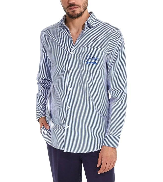 guess men's blue cotton striped regular fit spread collar full sleeve shirt