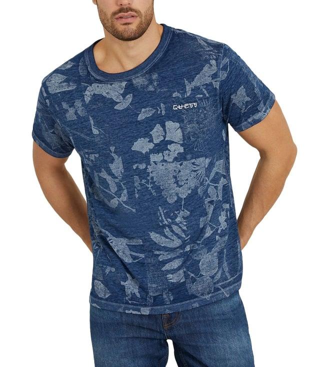 guess men's blue polyester floral regular fit t-shirt