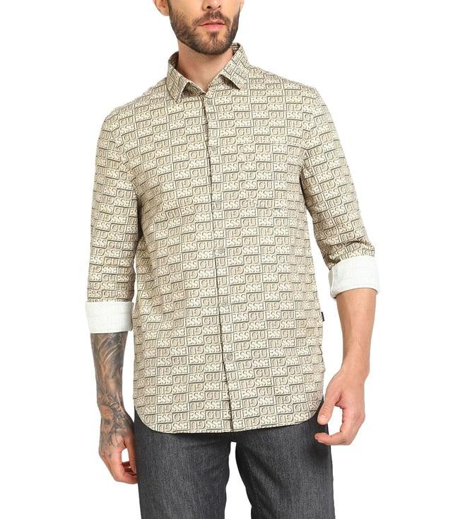 guess men's brown cotton printed regular fit full sleeves shirt