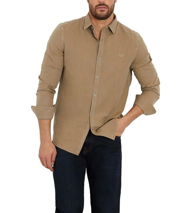 guess men's brown cotton solid regular fit full sleeves shirt