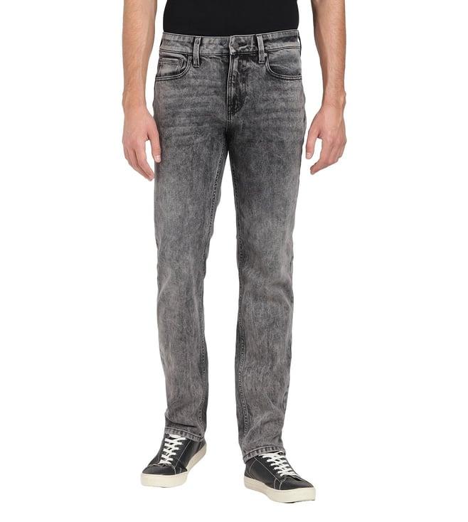 guess men's grey cotton blend solid regular fit jeans