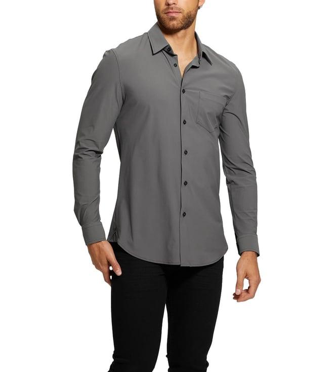 guess men's grey polyamide solid slim fit spread collar full sleeve shirt