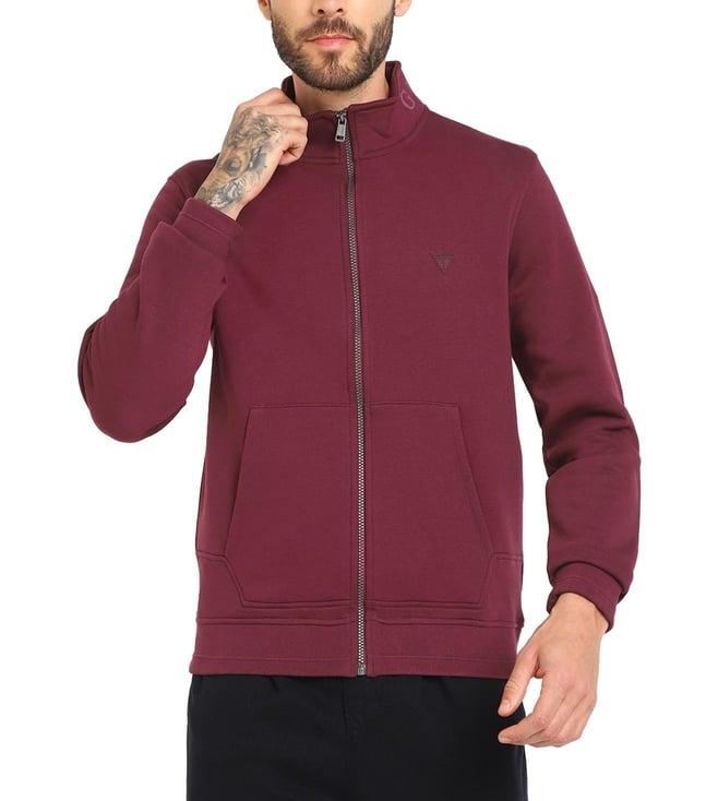 guess men's maroon polycotton solid regular fit high neck full sleeve jacket