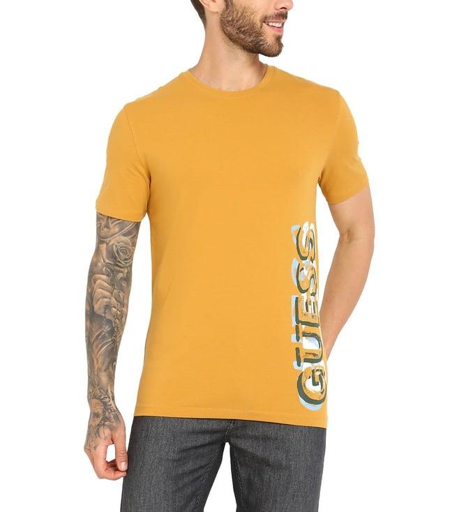 guess men's mustard cotton printed slim fit half sleeves t-shirt