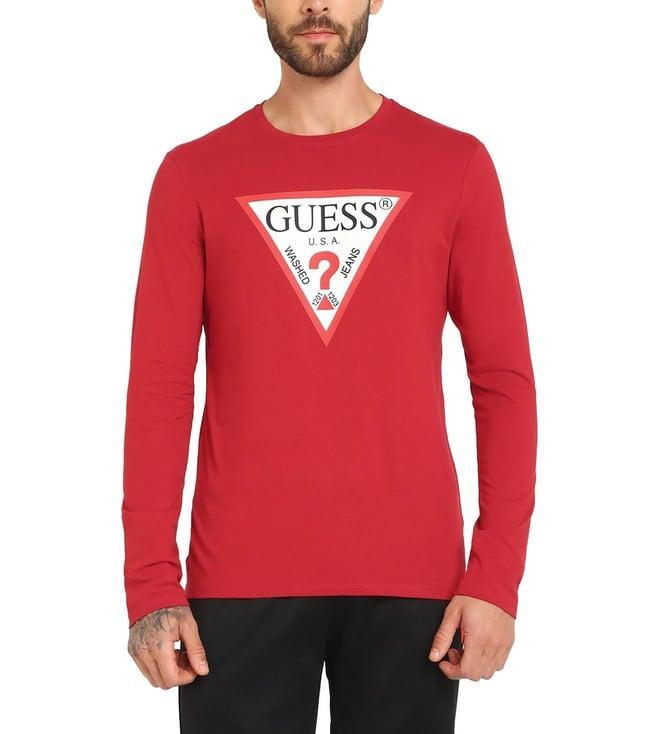 guess men's red cotton printed slim fit round neck full sleeve t-shirt