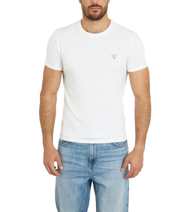 guess men's white cotton blend solid slim fit round neck short sleeve t-shirt