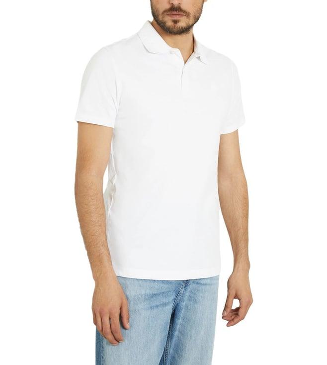 guess men's white cotton blend solid slim fit spread collar short sleeve polo t-shirt