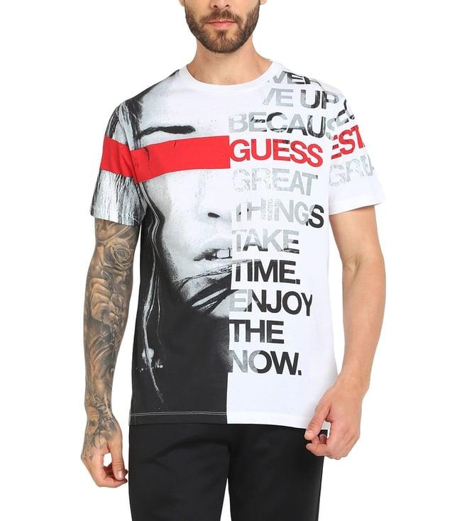 guess men's white cotton printed regular fit crew neck short sleeve t-shirt