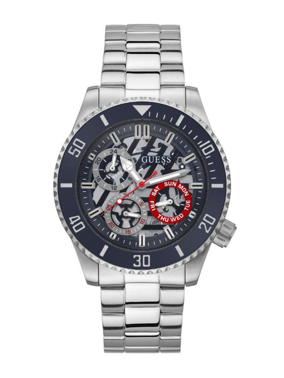 guess men skeleton dial & stainless steel bracelet style straps analogue watch