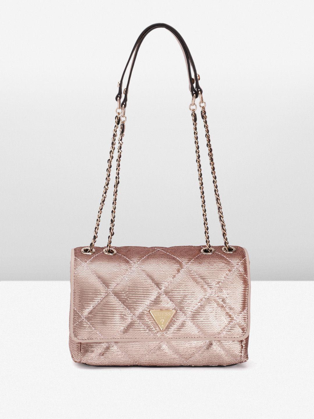 guess sequinned embellished structured shoulder bag with quilted detail