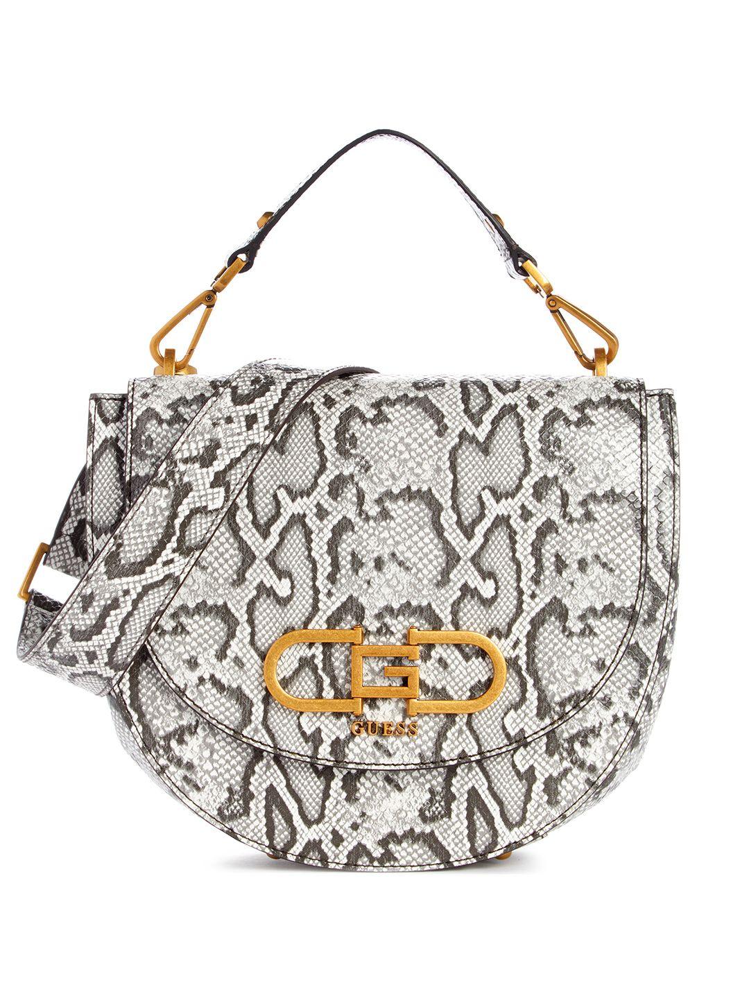 guess snakeskin printed structured satchel