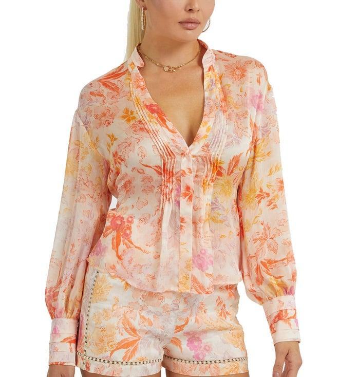 guess tangerine bloom floral ls monica regular fit top