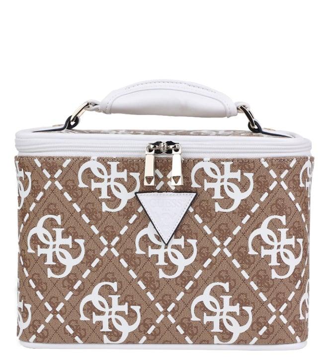 guess white & brown wilder printed small beauty case