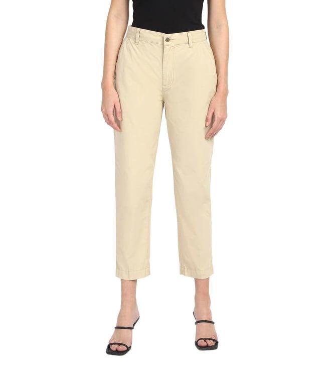 guess women's beige cotton solid slim fit trouser