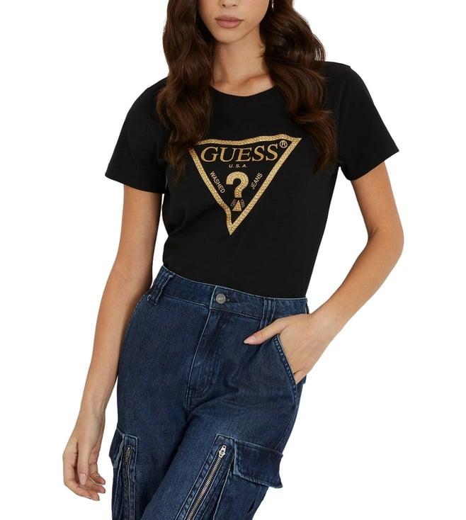 guess women's black cotton blend printed regular fit round neck short sleeve t-shirt