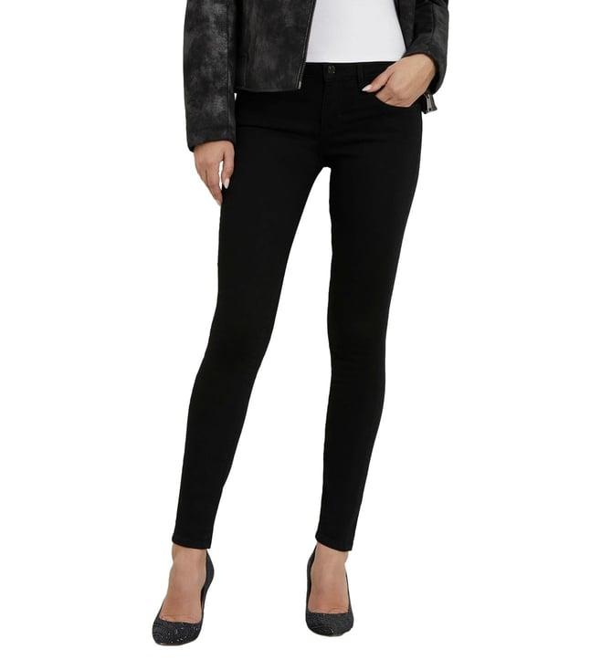 guess women's black cotton blend solid skinny fit jeans