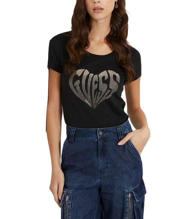 guess women's black cotton logo regular fit half sleeves t-shirt