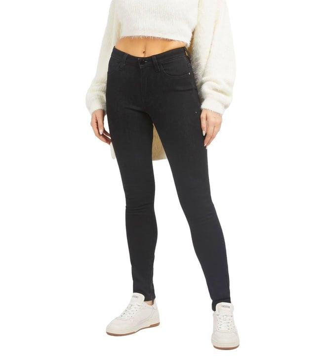 guess women's black cotton solid skinny fit jeans