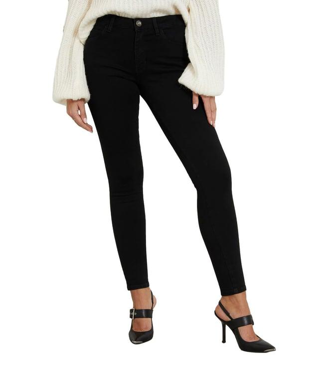 guess women's black cotton solid skinny fit jeans