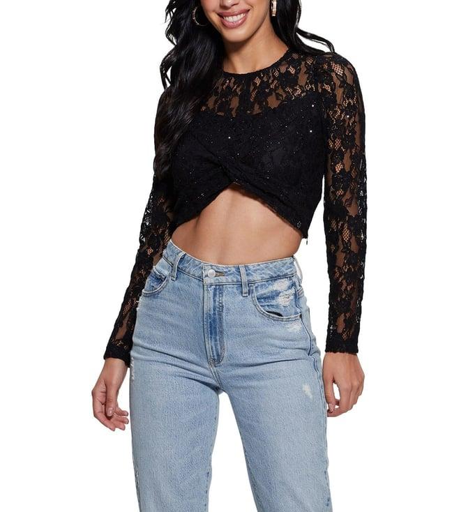 guess women's black polyamide lace regular fit full sleeves top