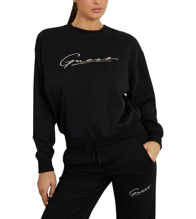 guess women's black polycotton printed regular fit crew neck full sleeve sweatshirt