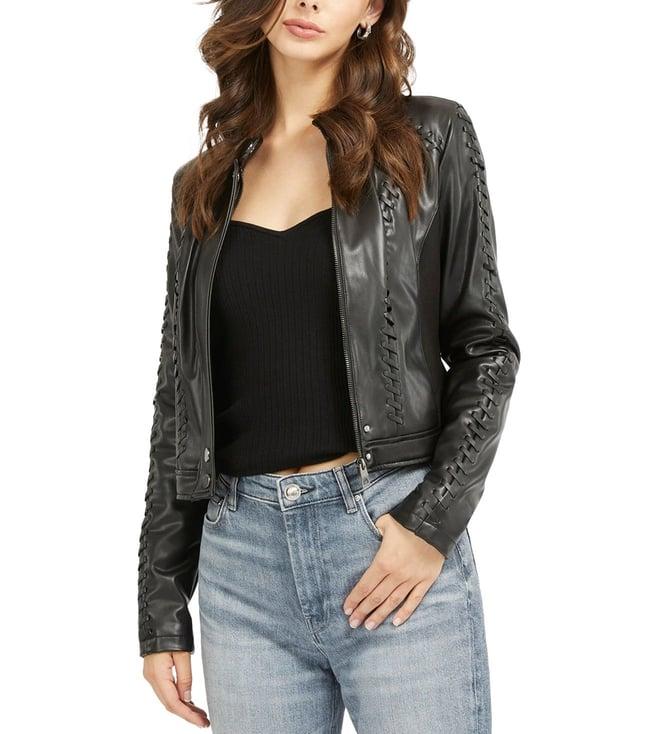 guess women's black polyurethane self design regular fit jacket