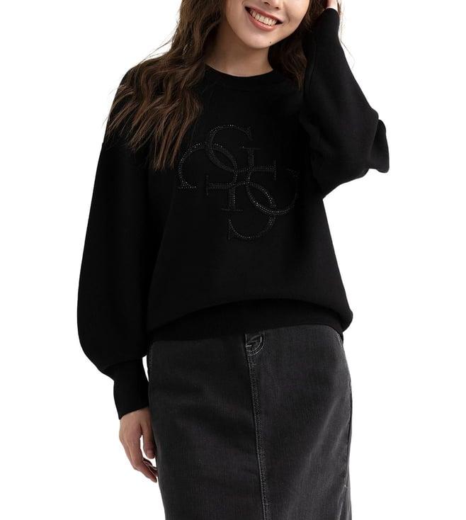 guess women's black viscose embellished regular fit sweater