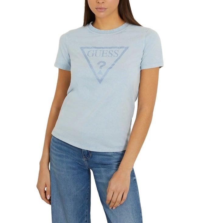 guess women's blue cotton logo regular fit half sleeves t-shirt