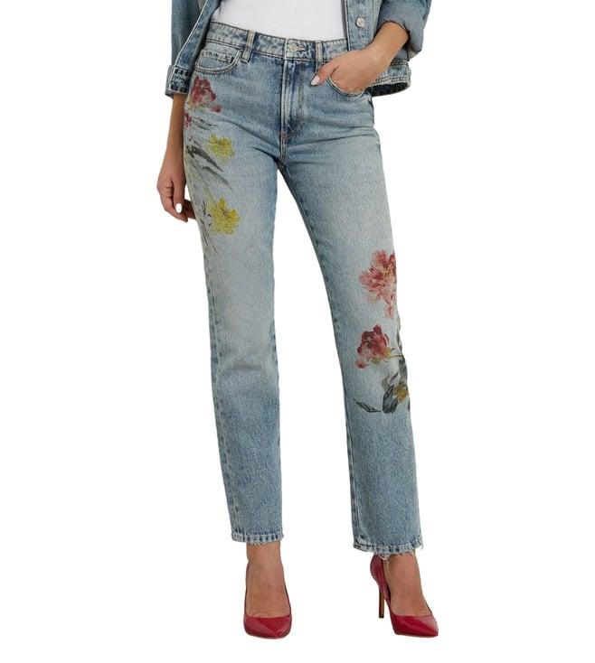 guess women's blue cotton printed regular fit jeans