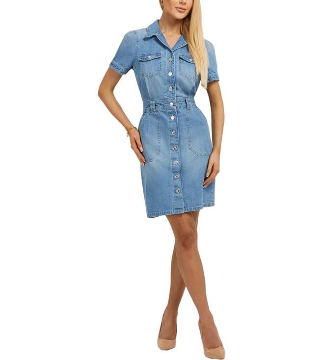 guess women's blue cotton solid regular fit half sleeves dress