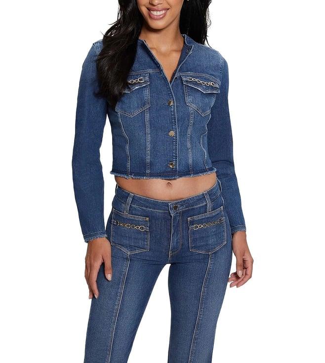 guess women's blue cotton solid regular fit jacket