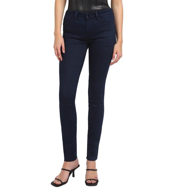 guess women's blue cotton solid skinny fit jeans