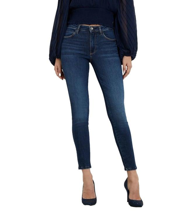 guess women's blue cotton solid skinny fit jeans