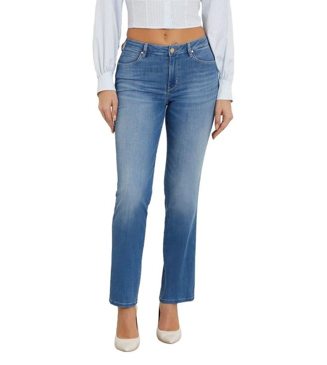 guess women's blue cotton solid slim fit jeans