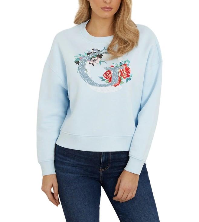 guess women's blue polycotton printed regular fit crew neck full sleeve sweatshirt