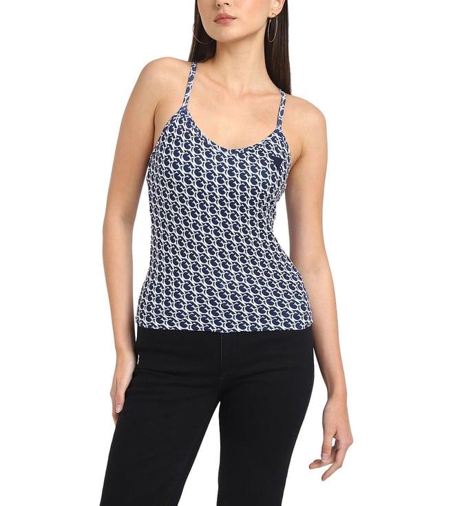 guess women's blue polyester monogram regular fit top