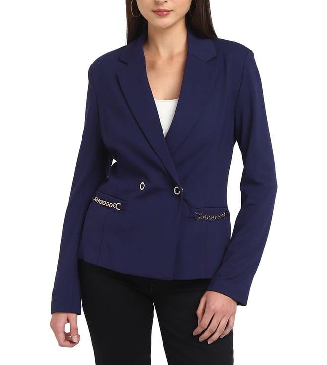 guess women's blue viscose solid regular fit notched lapel full sleeve blazer