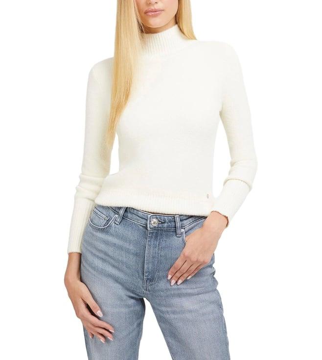 guess women's cream polyamide ribbed regular fit sweater